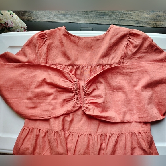 Tiered Lace-Up Mini Swing Dress Eyelet Floral Hem Coral Long Sleeve M. - Picture 7 of 17